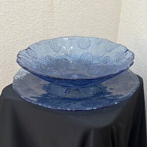 Vintage Hand Blown Blue IVV large glass bowl and platter